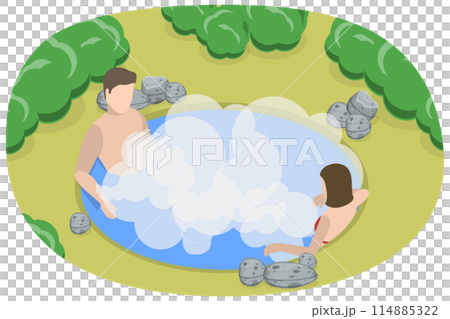 3D Isometric Flat Conceptual Illustration of Japanese Spa Resort, Enjoying Water Procedures 3D Isometric Flat Conceptual Illustration of Japanese Spa Resort, Enjoying Water Procedures 114885322