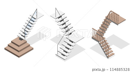 3D Isometric Flat  Set of Staircases, Metal or Wooden Stairway 114885328