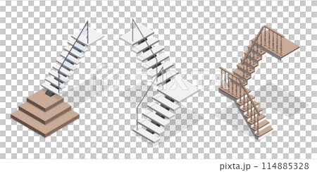 3D Isometric Flat  Set of Staircases, Metal or Wooden Stairway 114885328