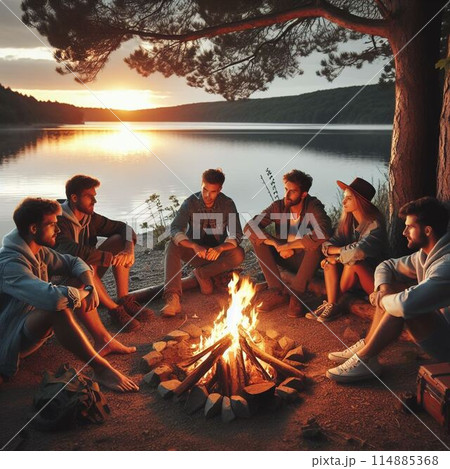 湖で遊ぶ人々、キャンプファイヤー 114885368