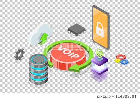 3D Isometric Flat  Conceptual Illustration of IP Telephony Protocol, VOIP 114885381