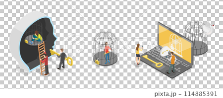 3D Isometric Flat Conceptual Illustration of Mind Prison, Locked in a Birdcage 3D Isometric Flat Conceptual Illustration of Mind Prison, Locked in a Birdcage 114885391