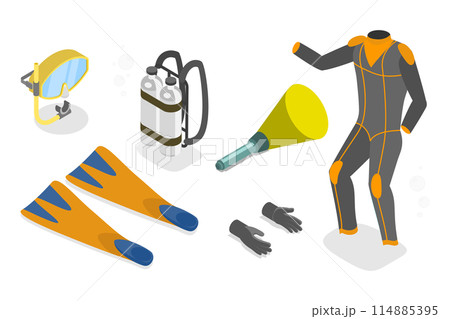 3D Isometric Flat  Set of Scuba Diving Equipment, Underwater Swiming 3D Isometric Flat  Set of Scuba Diving Equipment, Underwater Swiming 114885395