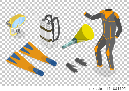 3D Isometric Flat  Set of Scuba Diving Equipment, Underwater Swiming 3D Isometric Flat  Set of Scuba Diving Equipment, Underwater Swiming 114885395