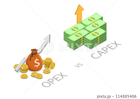 3D Isometric Flat  Conceptual Illustration of Opex Vs Capex, Operating Versus Capital Expenses 114885406