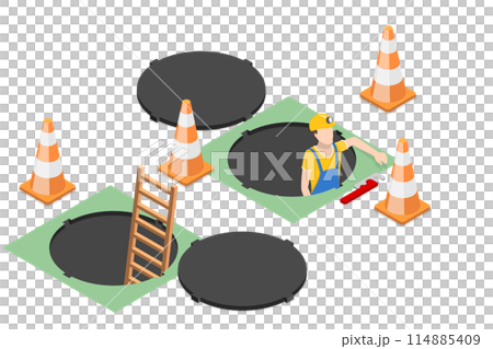 3D Isometric Flat  Conceptual Illustration of Sewer Hatch, Opened Street Manhole 114885409