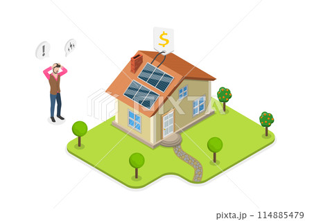 3D Isometric Flat  Conceptual Illustration of Expensive Alternative Energy, Sustainable House Upgrade 114885479