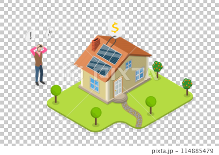 3D Isometric Flat  Conceptual Illustration of Expensive Alternative Energy, Sustainable House Upgrade 114885479