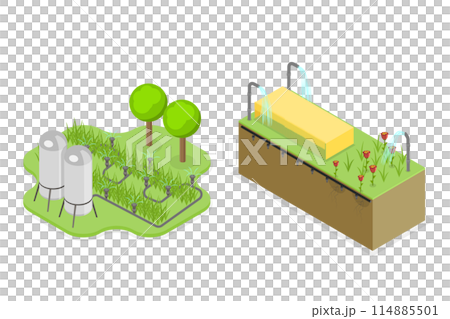 3D Isometric Flat  Conceptual Illustration of Irrigation System, Farming Agriculture 114885501