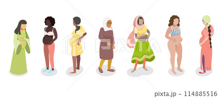 3D Isometric Flat  Set of Different Ethnicity And Pregnancy, Maternity and Motherhood 114885516
