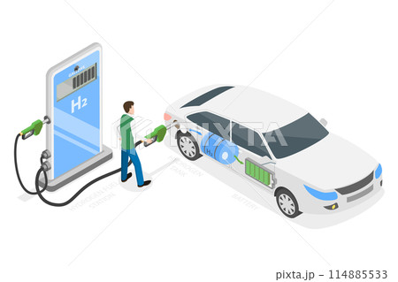 3D Isometric Flat  Conceptual Illustration of Hydrogen Fuel Cell Vehicle, CO2 Free Car 114885533
