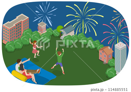 3D Isometric Flat Conceptual Illustration of Festival Fireworks, Evening Rest with Family 3D Isometric Flat Conceptual Illustration of Festival Fireworks, Evening Rest with Family 114885551