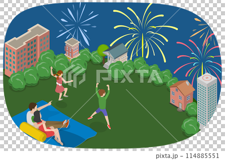 3D Isometric Flat Conceptual Illustration of Festival Fireworks, Evening Rest with Family 3D Isometric Flat Conceptual Illustration of Festival Fireworks, Evening Rest with Family 114885551