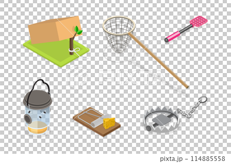 3D Isometric Flat  Set of Wild Animal and Insect Traps, Hunting and Trapping 114885558