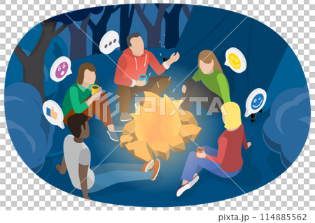 3D Isometric Flat  Conceptual Illustration of Campfire Story, Camping and Storytelling 114885562