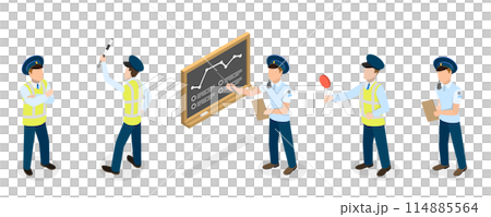 3D Isometric Flat  Set of Traffic Policeman Characters, Road Inspector Occupation 114885564