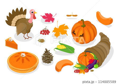 3D Isometric Flat Set of Thanksgiving Set, Fall Season Decoration 3D Isometric Flat Set of Thanksgiving Set, Fall Season Decoration 114885589