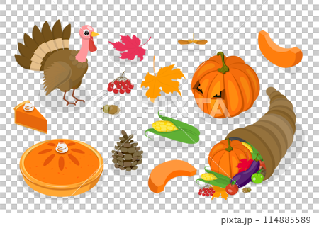3D Isometric Flat Set of Thanksgiving Set, Fall Season Decoration 3D Isometric Flat Set of Thanksgiving Set, Fall Season Decoration 114885589