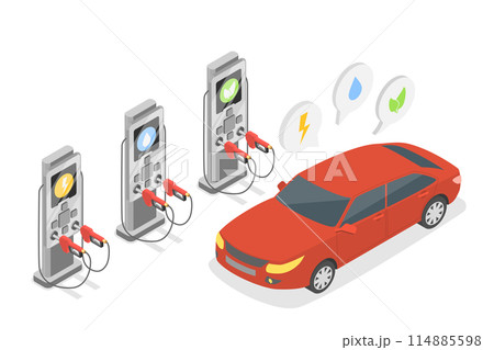 3D Isometric Flat  Conceptual Illustration of Alternative Fuel, Refueling Stations 114885598