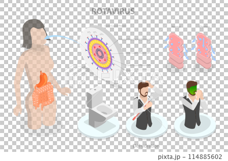3D Isometric Flat Conceptual Illustration of Rotavirus Infection, Diarrhea, Vomiting and Dehydration 3D Isometric Flat Conceptual Illustration of Rotavirus Infection, Diarrhea, Vomiting and Dehydration 114885602