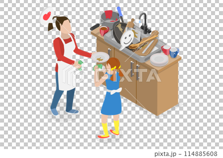 3D Isometric Flat  Conceptual Illustration of Little Helper, Kid and Mother Washing the Dishes 114885608