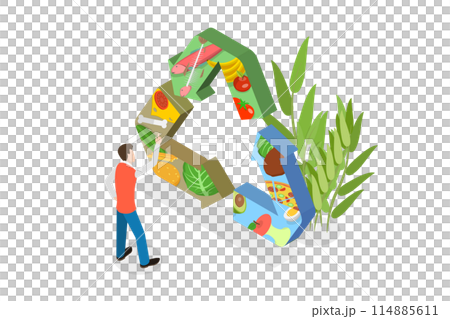 3D Isometric Flat  Conceptual Illustration of Food Waste Recycling, Trash Composting Process 114885611