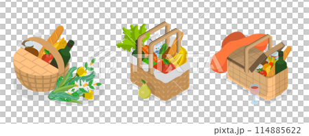 3D Isometric Flat  Set of Picnic Baskets , Food in Wicker Crates 114885622