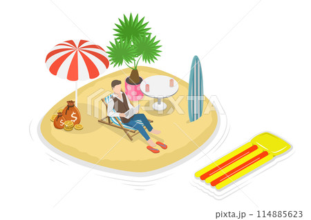 3D Isometric Flat  Conceptual Illustration of Workcation, Work and Vacation at Remote Leisure Location 114885623