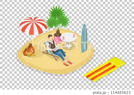 3D Isometric Flat  Conceptual Illustration of Workcation, Work and Vacation at Remote Leisure Location 114885623