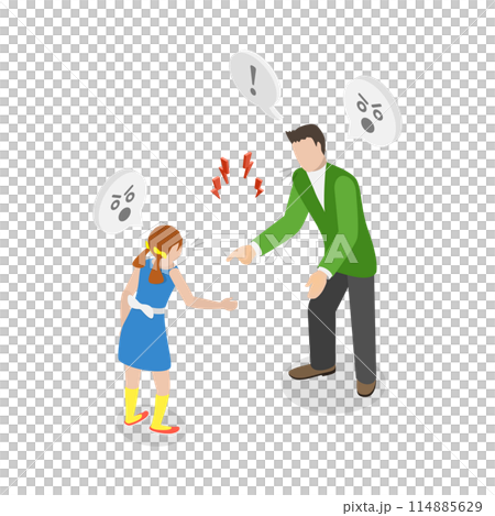 3D Isometric Flat  Conceptual Illustration of Arguing With A Child, Conflict Between Parents and Children 114885629