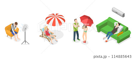 3D Isometric Flat  Set of Summer Heat, Overheating and Exhaustion 114885643