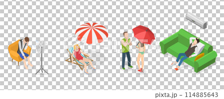 3D Isometric Flat  Set of Summer Heat, Overheating and Exhaustion 114885643
