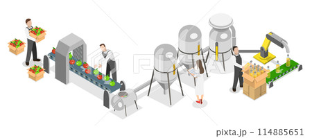 3D Isometric Flat Conceptual Illustration of Juice Factory, Manufacture Process 3D Isometric Flat Conceptual Illustration of Juice Factory, Manufacture Process 114885651