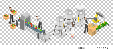 3D Isometric Flat Conceptual Illustration of Juice Factory, Manufacture Process 3D Isometric Flat Conceptual Illustration of Juice Factory, Manufacture Process 114885651