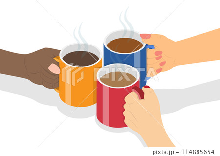 3D Isometric Flat  Conceptual Illustration of Cheers with Hot Beverage, Friends Gathering 114885654