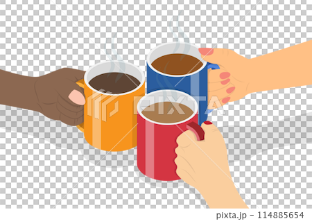 3D Isometric Flat  Conceptual Illustration of Cheers with Hot Beverage, Friends Gathering 114885654