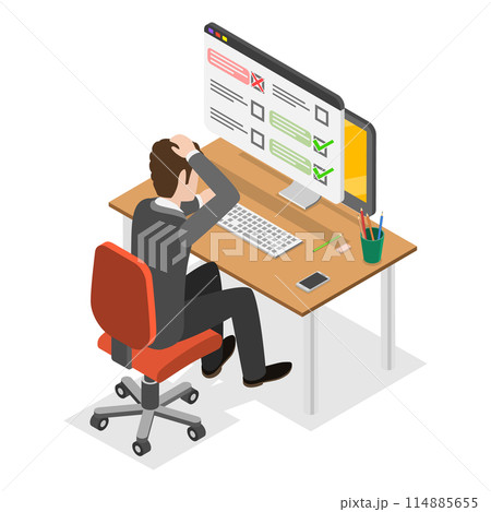 3D Isometric Flat  Conceptual Illustration of Online Exam Mistake, Wrong Answer 114885655