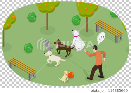 3D Isometric Flat  Conceptual Illustration of Walking with Dogs, Strolling with Pets on a Leash 114885660