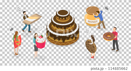3D Isometric Flat  Conceptual Illustration of Sweet Snacks, Enjoying Fresh Confectionery 114885662