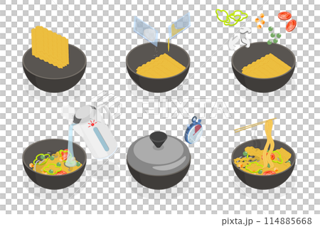 3D Isometric Flat  Conceptual Illustration of Noodle Recipe, How to Make Pasta 114885668