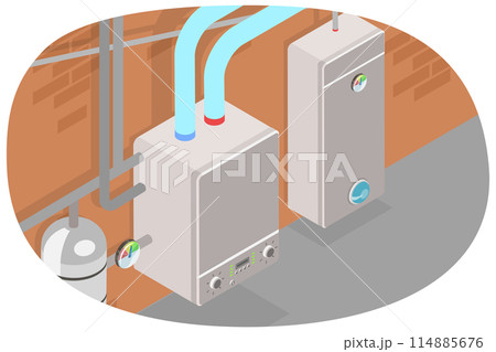 3D Isometric Flat Conceptual Illustration of Boiler Room, Heating System in a House Basement 3D Isometric Flat Conceptual Illustration of Boiler Room, Heating System in a House Basement 114885676