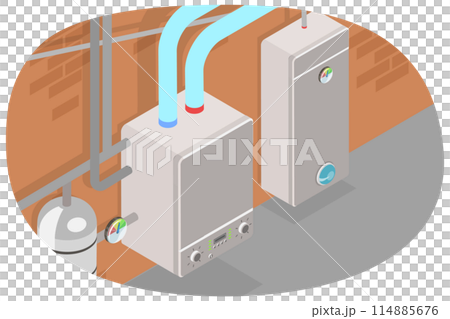 3D Isometric Flat Conceptual Illustration of Boiler Room, Heating System in a House Basement 3D Isometric Flat Conceptual Illustration of Boiler Room, Heating System in a House Basement 114885676