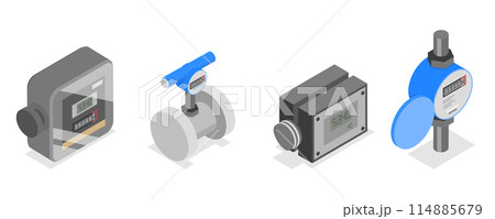 3D Isometric Flat  Set of Gas, Water And Electricity Measuring, Industrial and Household Meters 114885679
