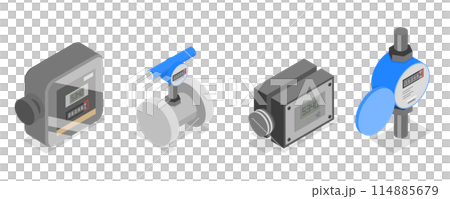 3D Isometric Flat  Set of Gas, Water And Electricity Measuring, Industrial and Household Meters 114885679