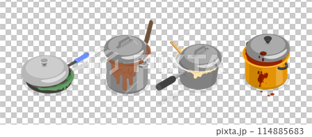 3D Isometric Flat Set of Dirty Pots, Kitchen Messy Stacks of Utensil 3D Isometric Flat Set of Dirty Pots, Kitchen Messy Stacks of Utensil 114885683