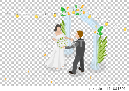 3D Isometric Flat  Illustration of Wedding, Married Couple with Floral Decoration 114885701