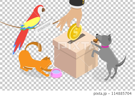 3D Isometric Flat Illustration of Pet Donation, Feeding Homeless Dogs and Cats 3D Isometric Flat Illustration of Pet Donation, Feeding Homeless Dogs and Cats 114885704