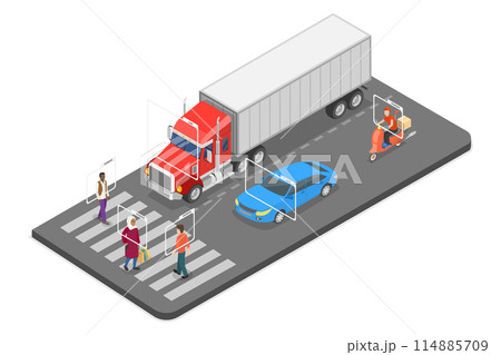3D Isometric Flat  Illustration of Vehicle Recognition, Artificial Intelligence Technology 114885709