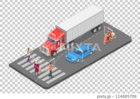 3D Isometric Flat  Illustration of Vehicle Recognition, Artificial Intelligence Technology 114885709