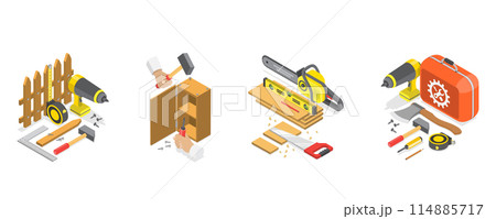 3D Isometric Flat  Illustration of Carpentry , Woodwork and Furniture Making 114885717
